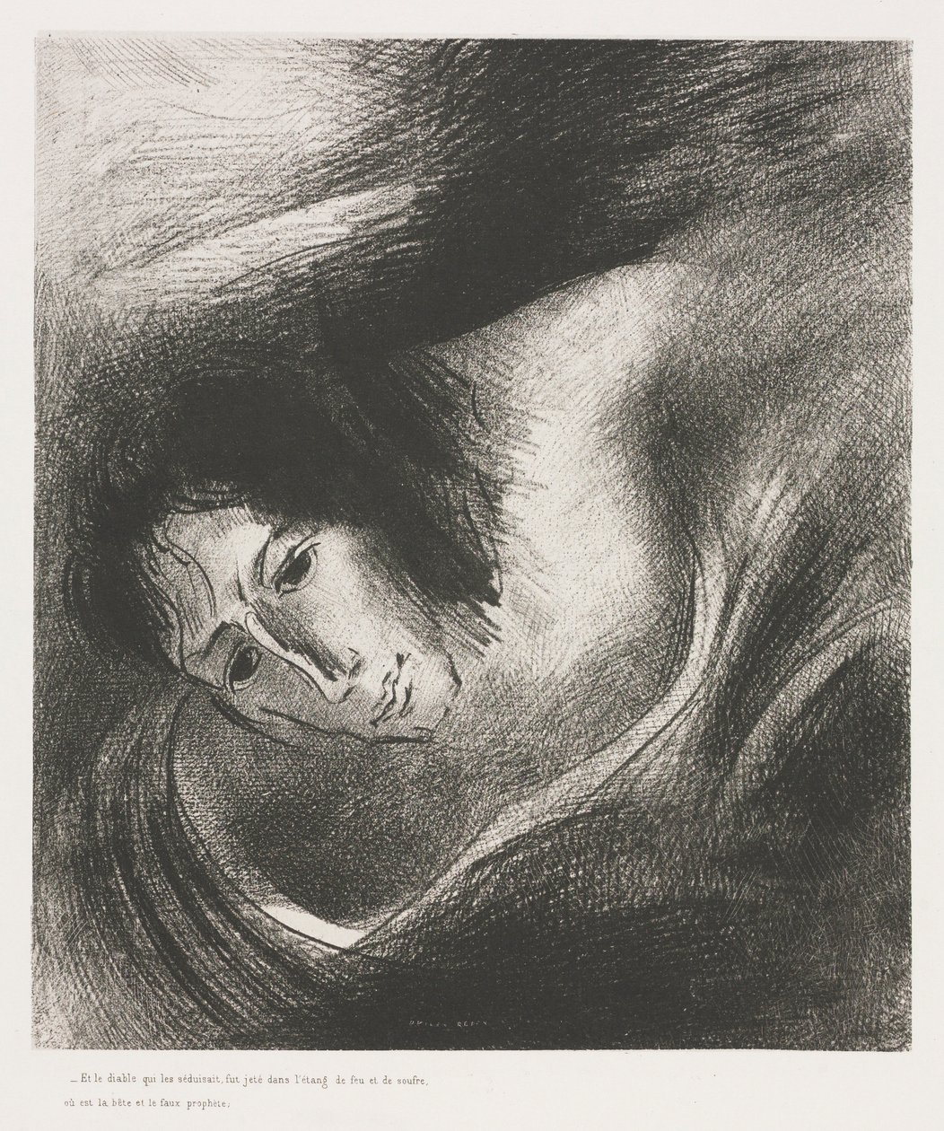 De Apocalyps van Sint Jan: En de duivel die hen misleidde werd in het meer geworpen, 1899 door Odilon Redon