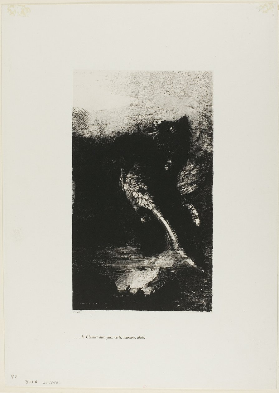 De Chimera met Groene Ogen Draait, Blaft, plaat 7 uit De Verleiding van Sint Antonius (1e serie) door Odilon Redon