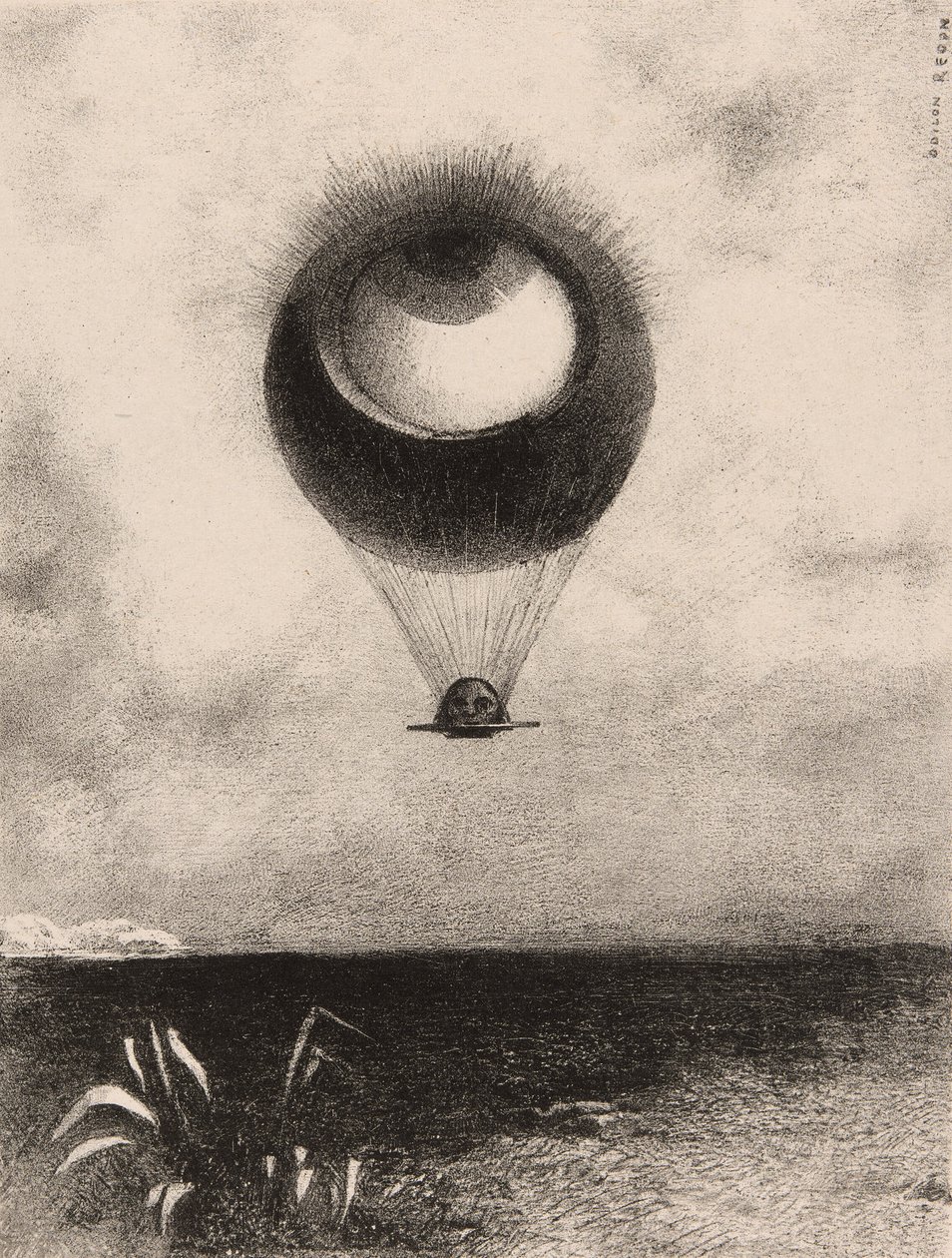 Het oog, als een vreemde ballon beweegt zich naar de oneindigheid, plaat één uit Aan Edgar Poe door Odilon Redon