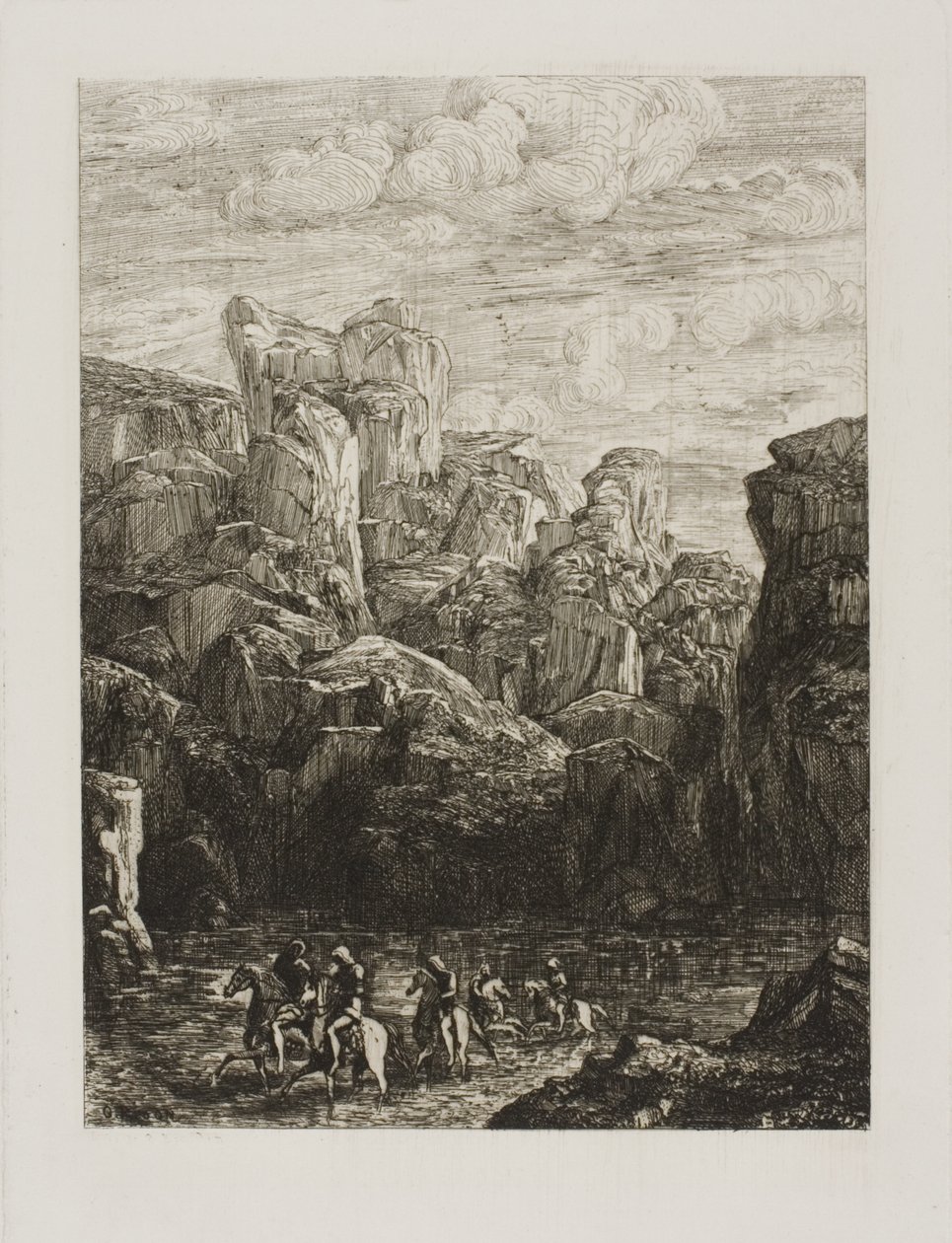 De doorwaadbare plaats: Landschap met ruiters door Odilon Redon