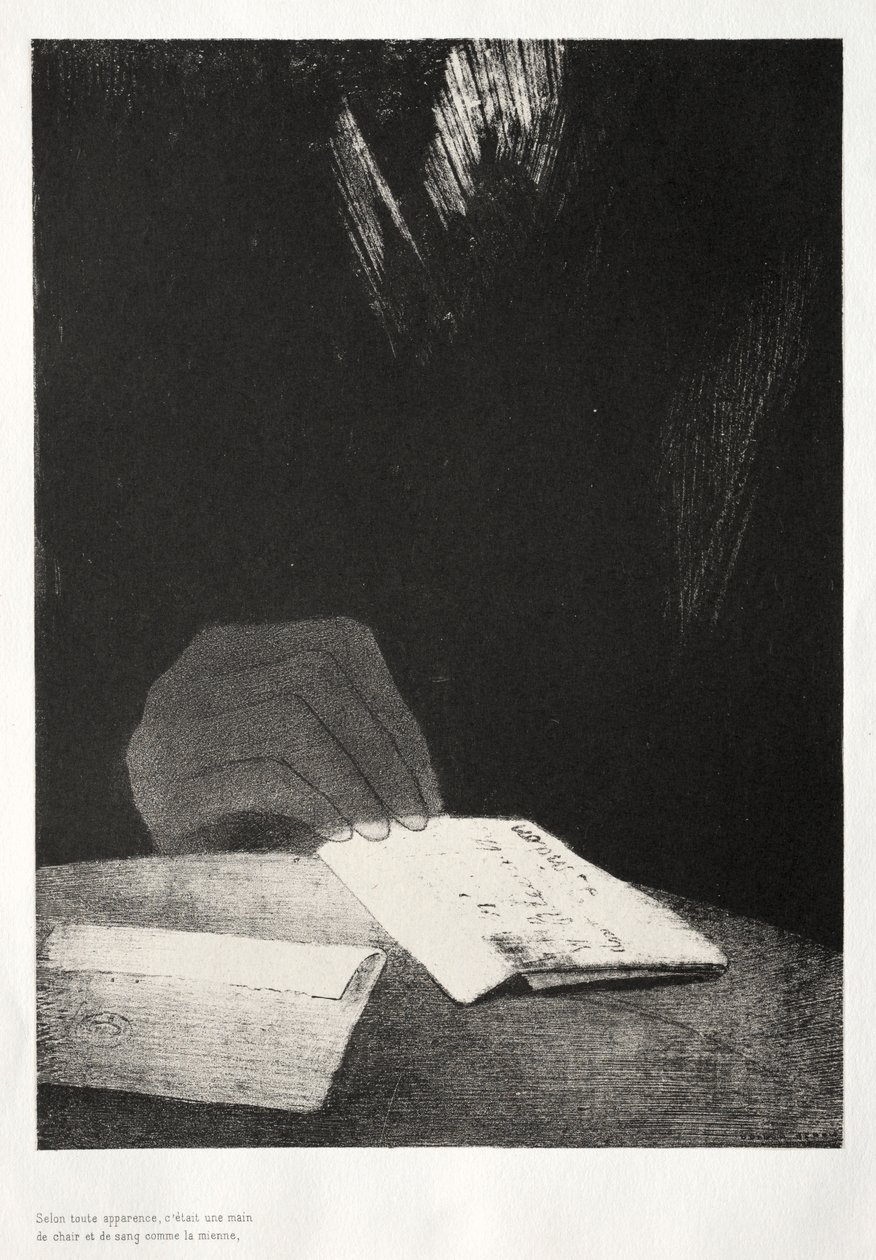 Het spookhuis: Het was een hand, schijnbaar net zo van vlees en bloed als de mijne, 1896 door Odilon Redon