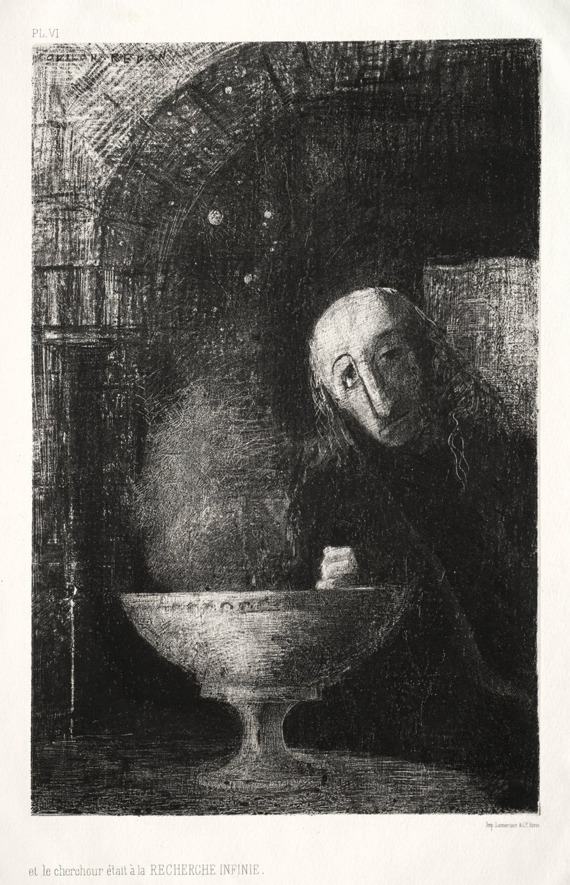 De nacht: En de zoeker was bezig met een oneindige zoektocht door Odilon Redon