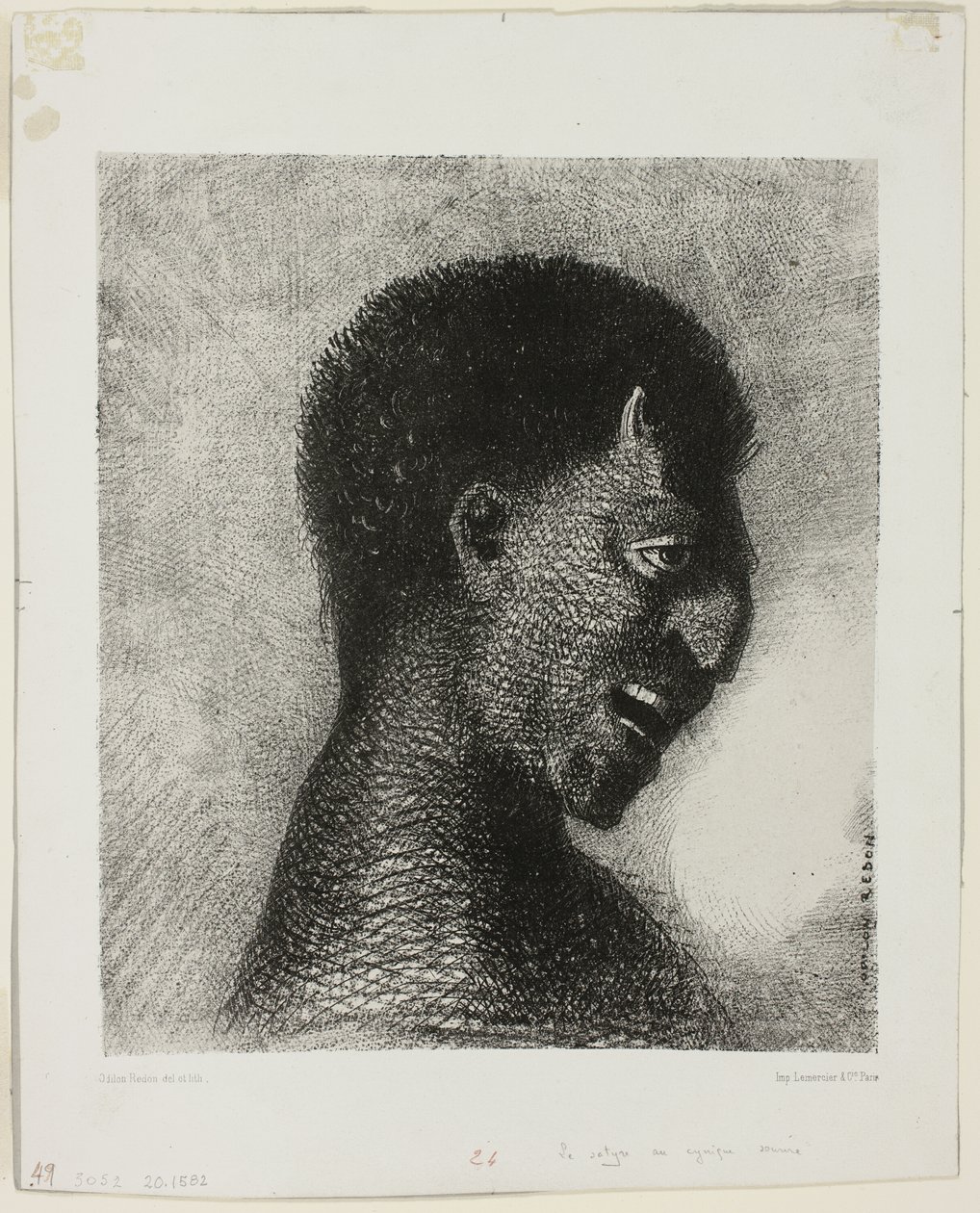 De Sater met de Cynische Glimlach, plaat 5 van 8 uit "Les Origines" door Odilon Redon