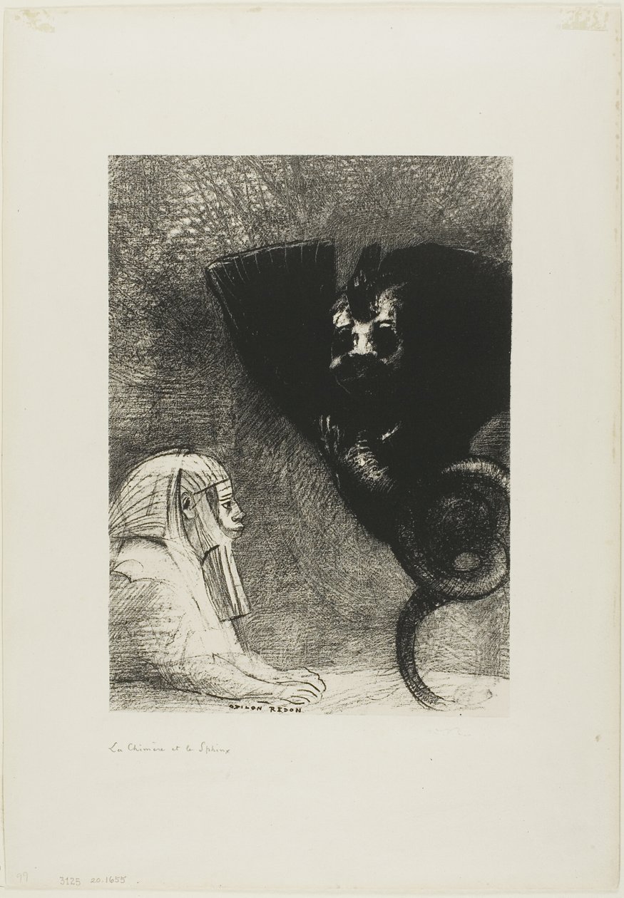 De Sfinx: "...mijn blik die niets kan afleiden, door objecten heen gaat, blijft gericht op een ontoegankelijke horizon." De Chimera: "Wat mij betreft, ik ben licht en vrolijk," plaat 5 uit Aan Gustave Flaubert door Odilon Redon
