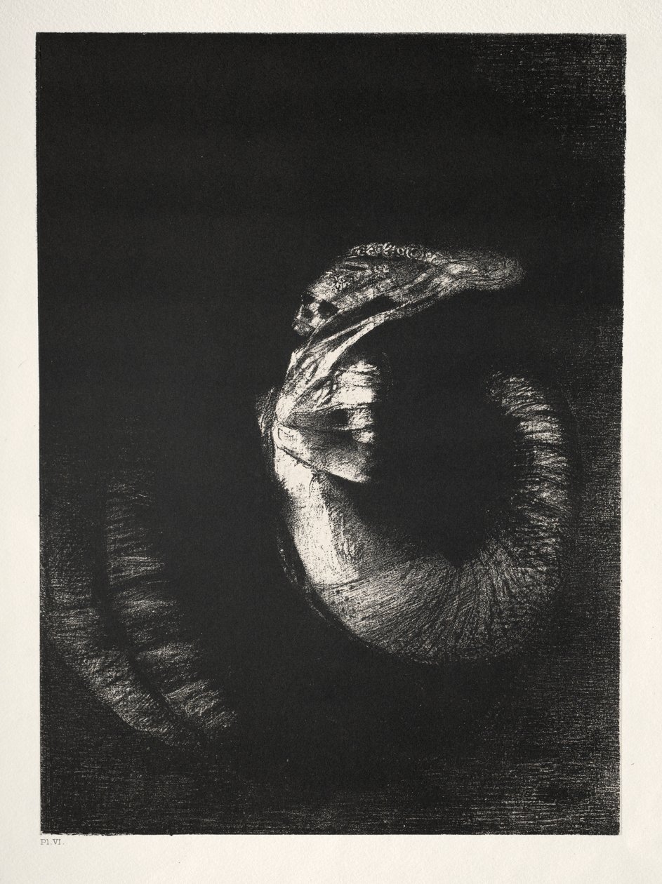 De Verleiding van Sint Antonius Eerste Serie: Het Is een Schedel Omkranst met Rozen..., 1888 door Odilon Redon