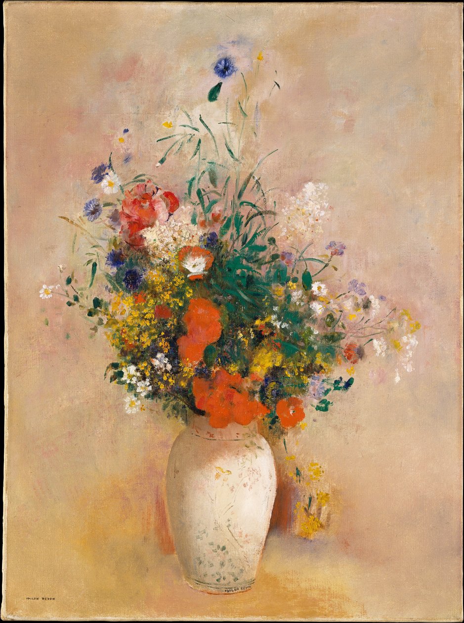 Vaasje met bloemen (roze achtergrond) door Odilon Redon
