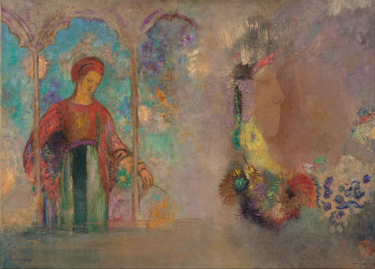 Vrouw in een gotische arcade: vrouw met bloemen door Odilon Redon