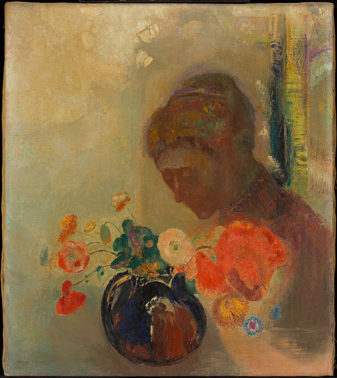 Vrouw met een vaas bloemen door Odilon Redon