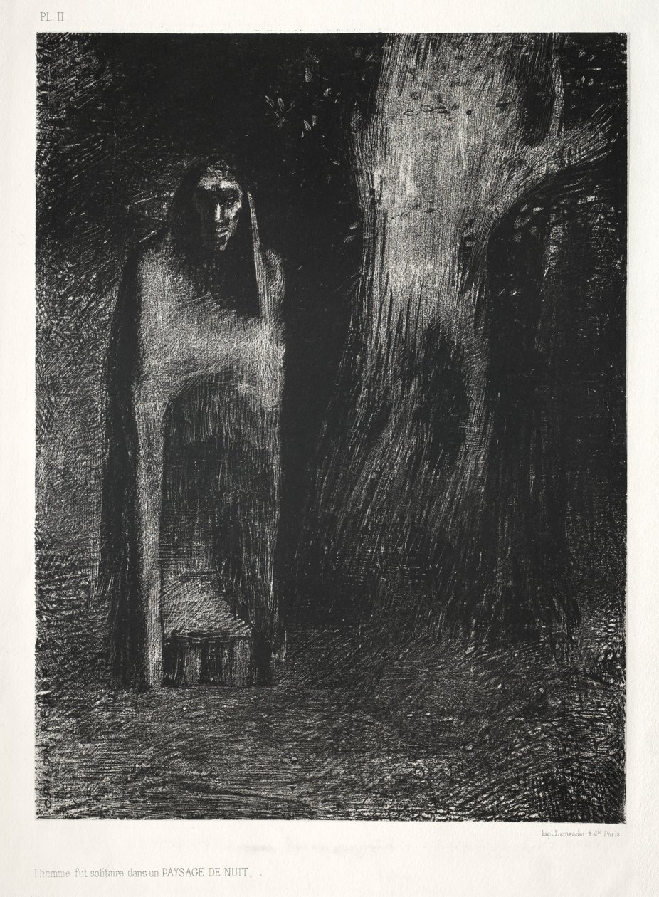 De nacht: De man was alleen in een nachtlandschap, 1886 door Odilon Redon Lemercier and Cie.