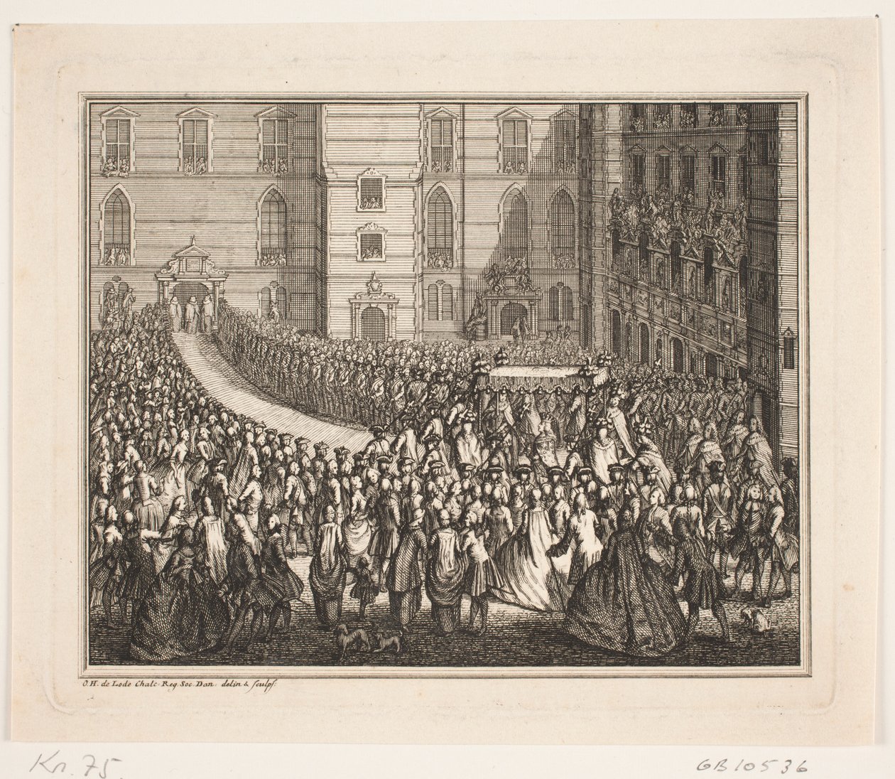Koning Frederik V in processie naar de zalvingsplechtigheid in de Frederiksborg Slotkerk. Illustratie bij de zalvingsakte van Frederik IV door Odvardt Helmoldt de Lode