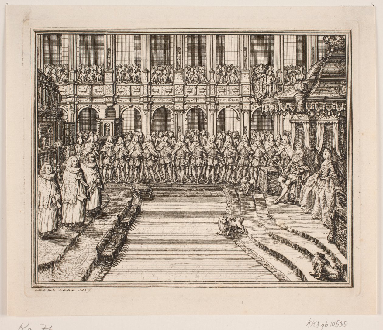 Koning Frederik V en koningin Louise tijdens de zalvingsceremonie in de Frederiksborg Slotkerk. Illustratie bij de zalvingsakte van Frederik IV door Odvardt Helmoldt de Lode