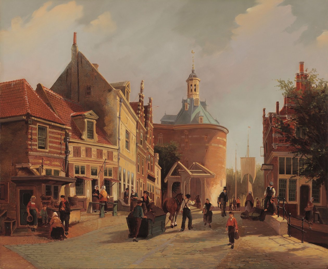 Een uitzicht op het Zuiderspui met de Drommedaris in de stad Enkhuizen door Oene Romkes de Jongh