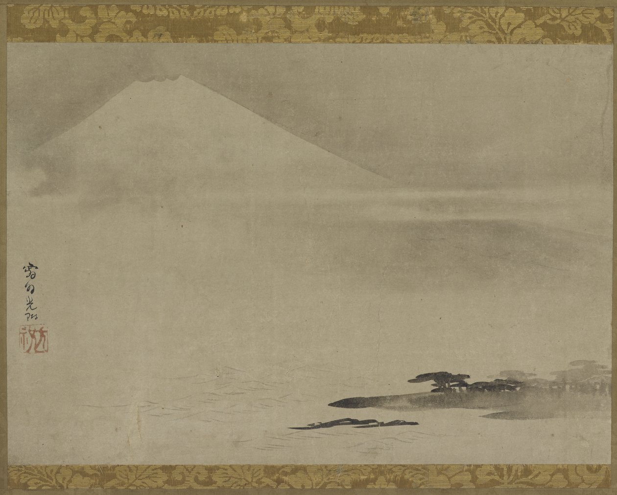 Landschap: Mt. Fuji vanaf de zee, Hangende rol (gemonteerd op paneel), late 17e-begin 18e eeuw door Ogata Korin