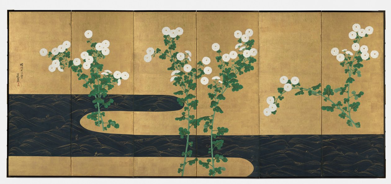 Chrysanten bij een Stroom, paar zesdelige vouwschermen, eind 1700s-begin 1800s door Ogata (follower of) Korin