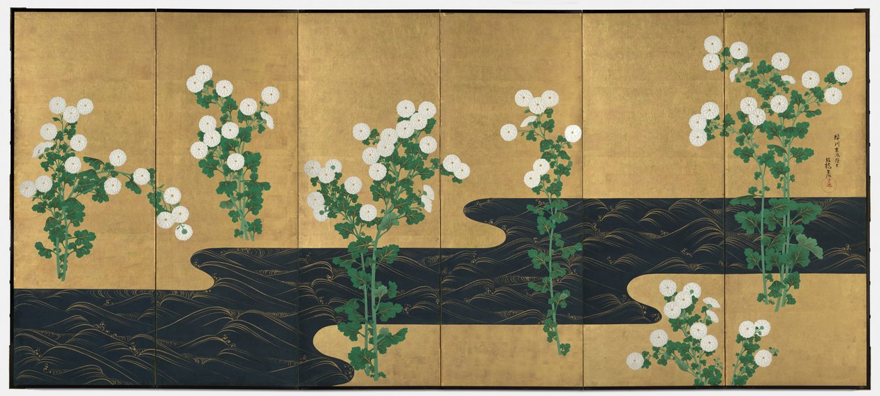 Chrysanten bij een Stroom, paar zesdelige vouwschermen, eind 1700s-begin 1800s door Ogata (follower of) Korin