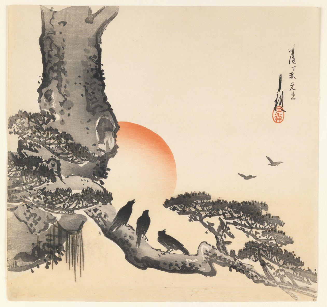 Kraaien op een Boomstam, Meiji Periode, ca. 1890-1910 door Ogata Gekko