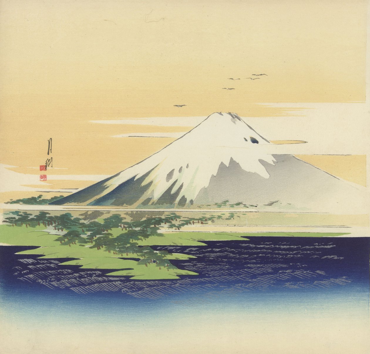 Fuji vanaf het strand bij Mio door Ogata Gekko