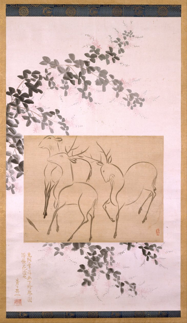 Voorlopige Tekening van Drie Herten op een Hangende Rol door Ogata Korin