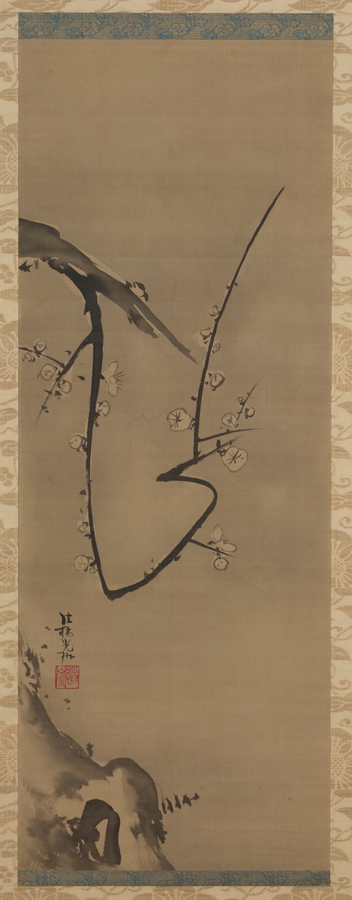 Prunus, hangende rol, ca. 1700 door Ogata Korin