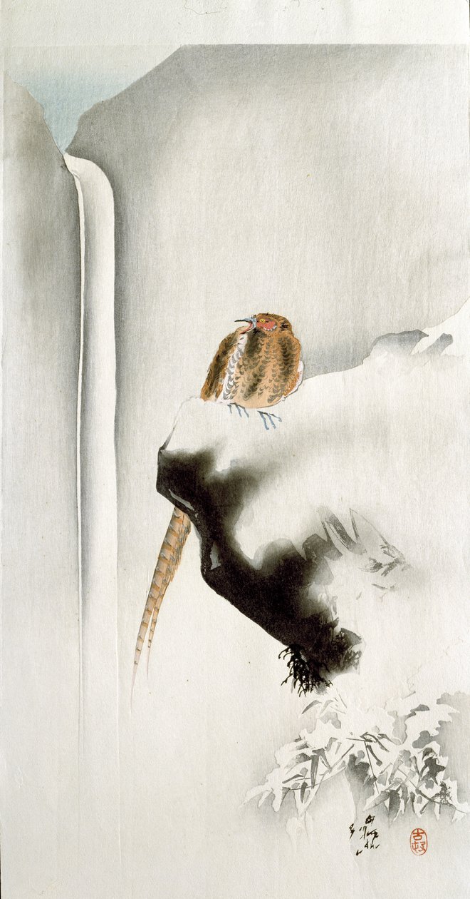Een fazant op een klifrand, met een waterval op de achtergrond door Ohara Koson