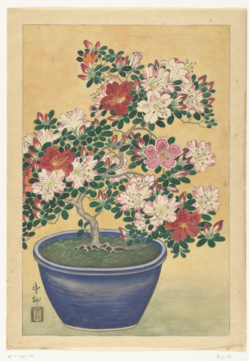 Bloeiende azalea in blauwe pot door Ohara Koson (signed by artist)