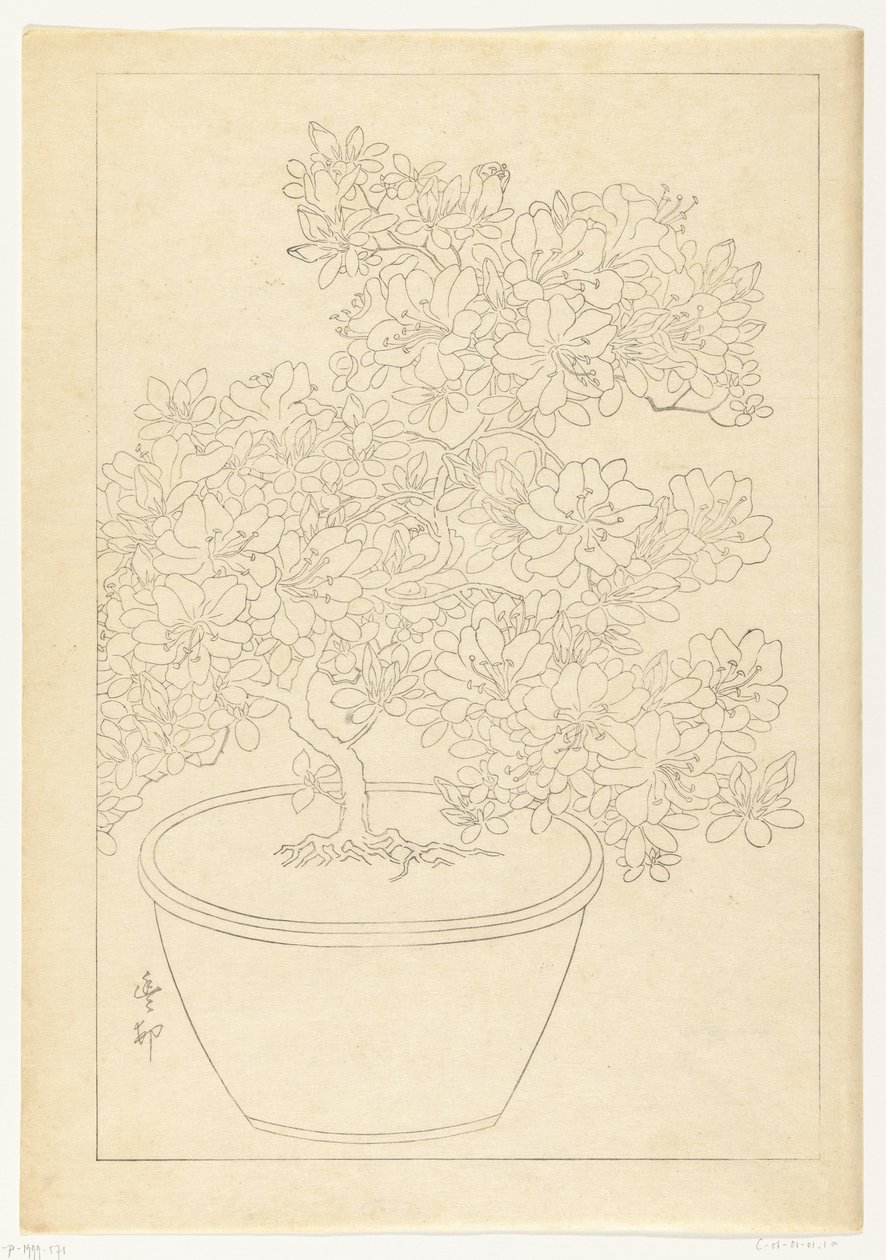 Bloeiende azalea in pot door Ohara Koson