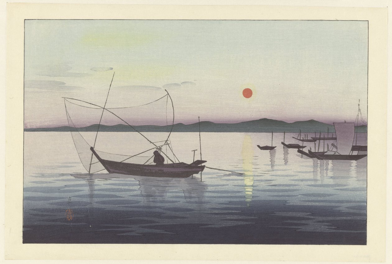 Boten en ondergaande zon door Ohara Koson