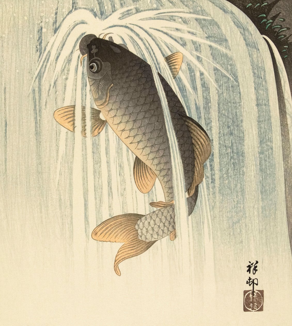 Karpers onder een waterval door Ohara Koson