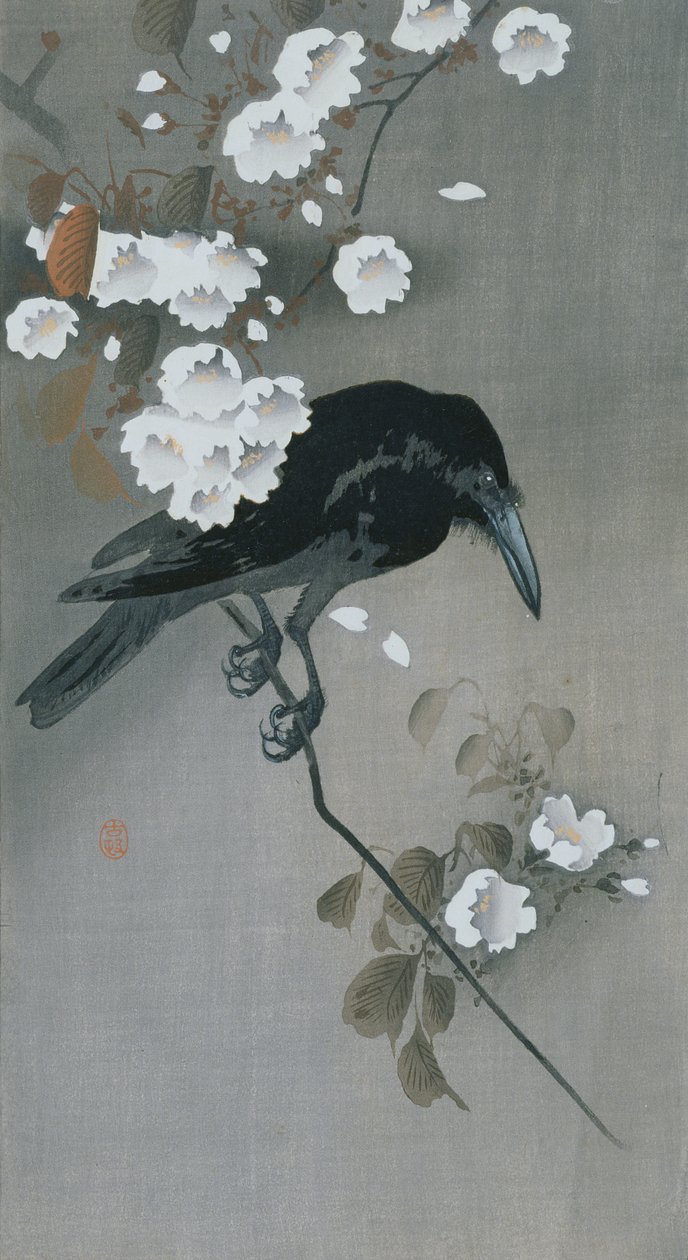Kraai op een tak van kersenbloesem door Ohara Koson