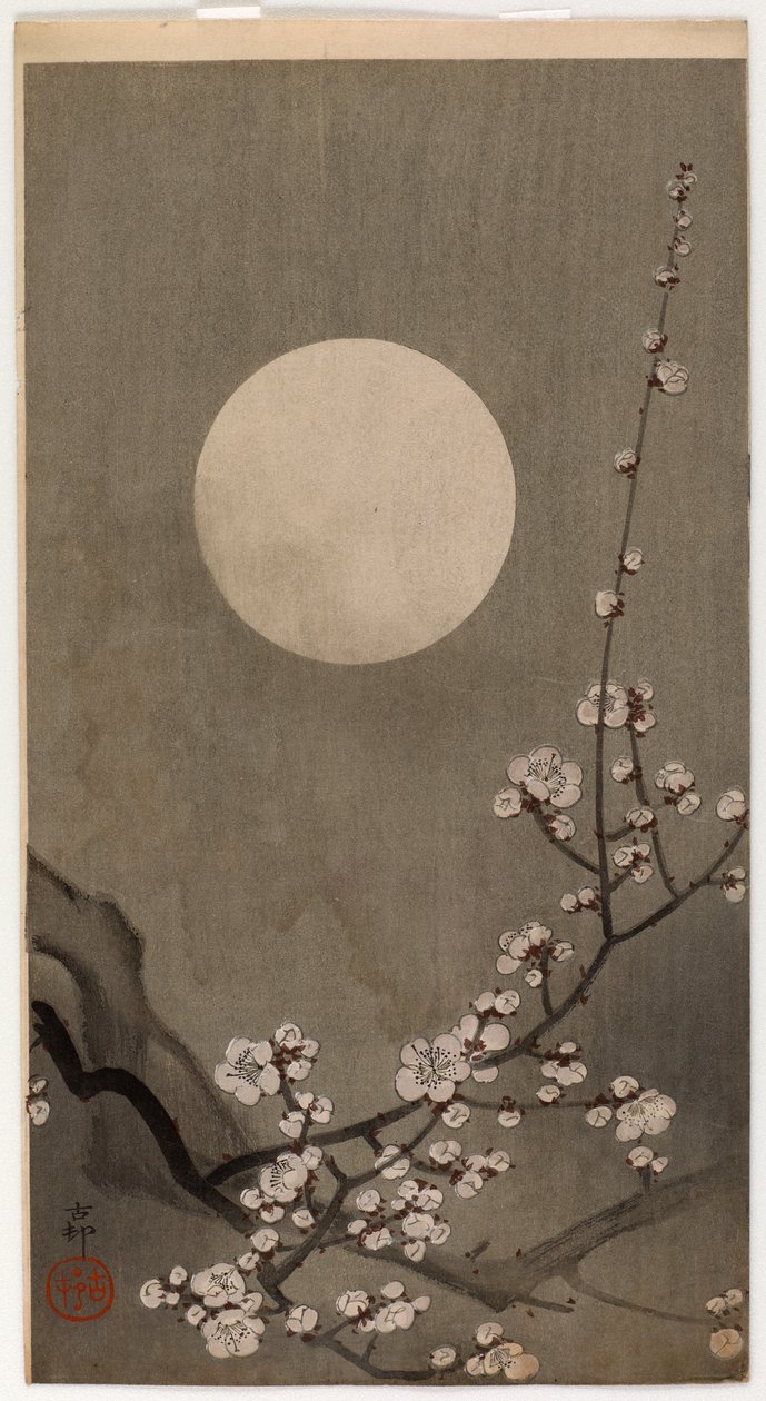 Bloeiende pruim en maan (kleur houtsnede) door Ohara Koson