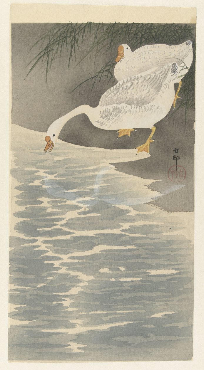 Ganzen aan oever door Ohara Koson