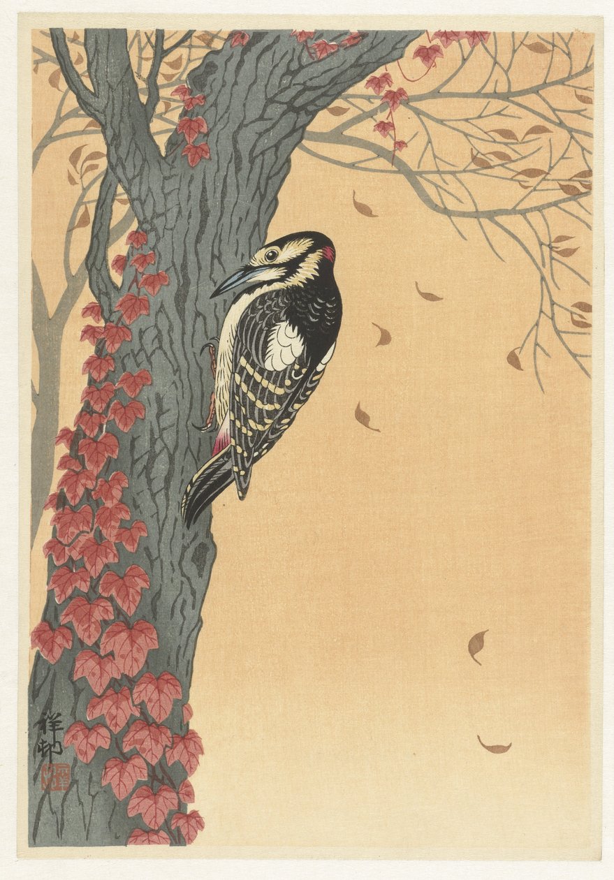 Grote bonte specht in boom met rode klimop door Ohara Koson