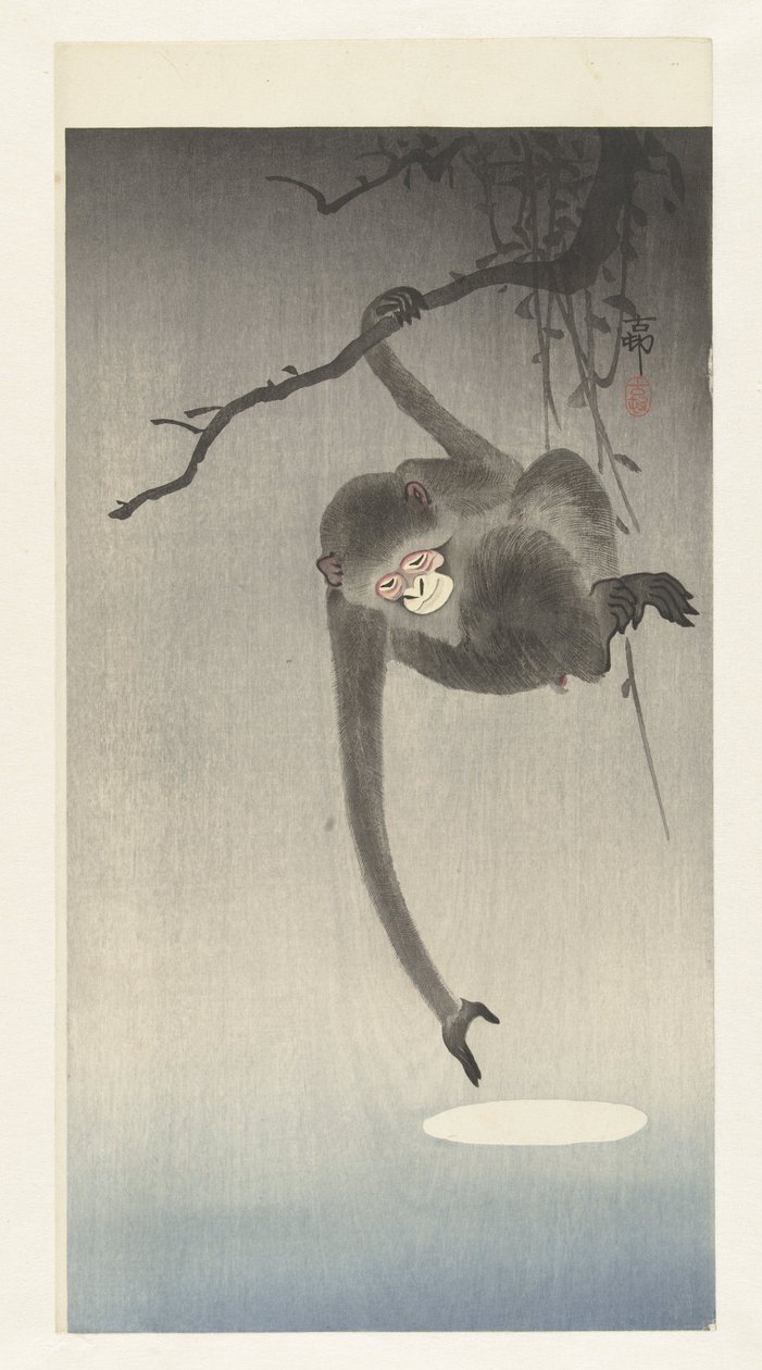 Aap reikt naar weerspiegeling van de maan door Ohara Koson
