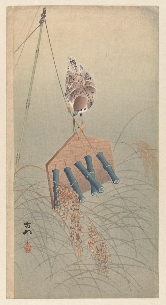 Ringmus op vogelverschrikker door Ohara Koson