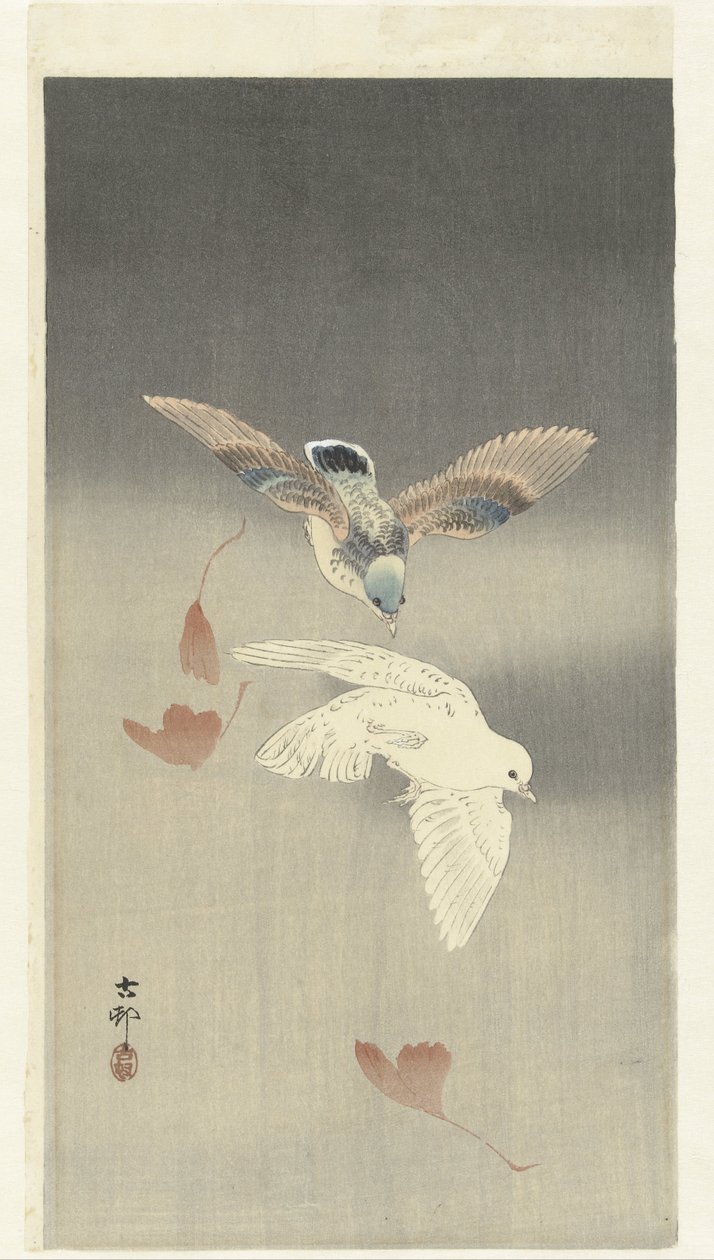 Twee duiven bij vallende ginkgo bladeren door Ohara Koson