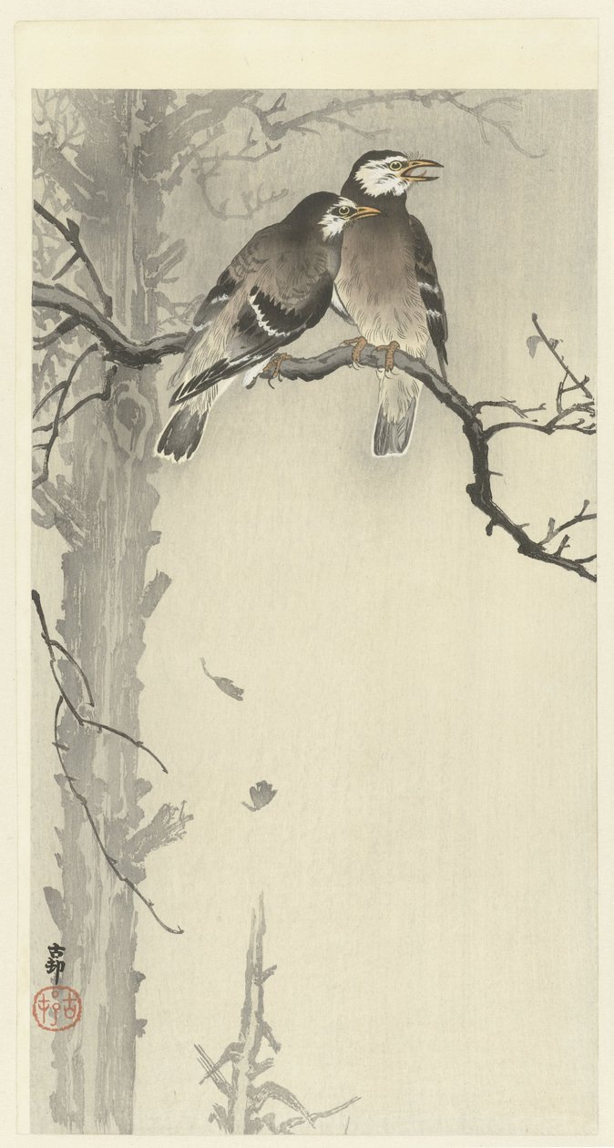 Twee grijze spreeuwen door Ohara Koson