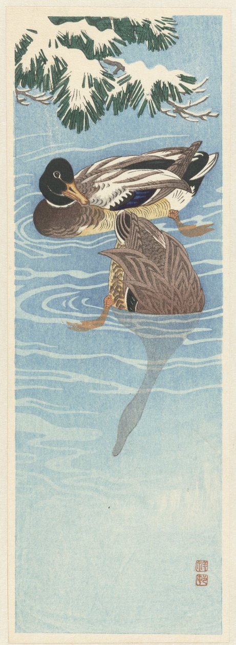 Twee wilde eenden in het water door Ohara Koson