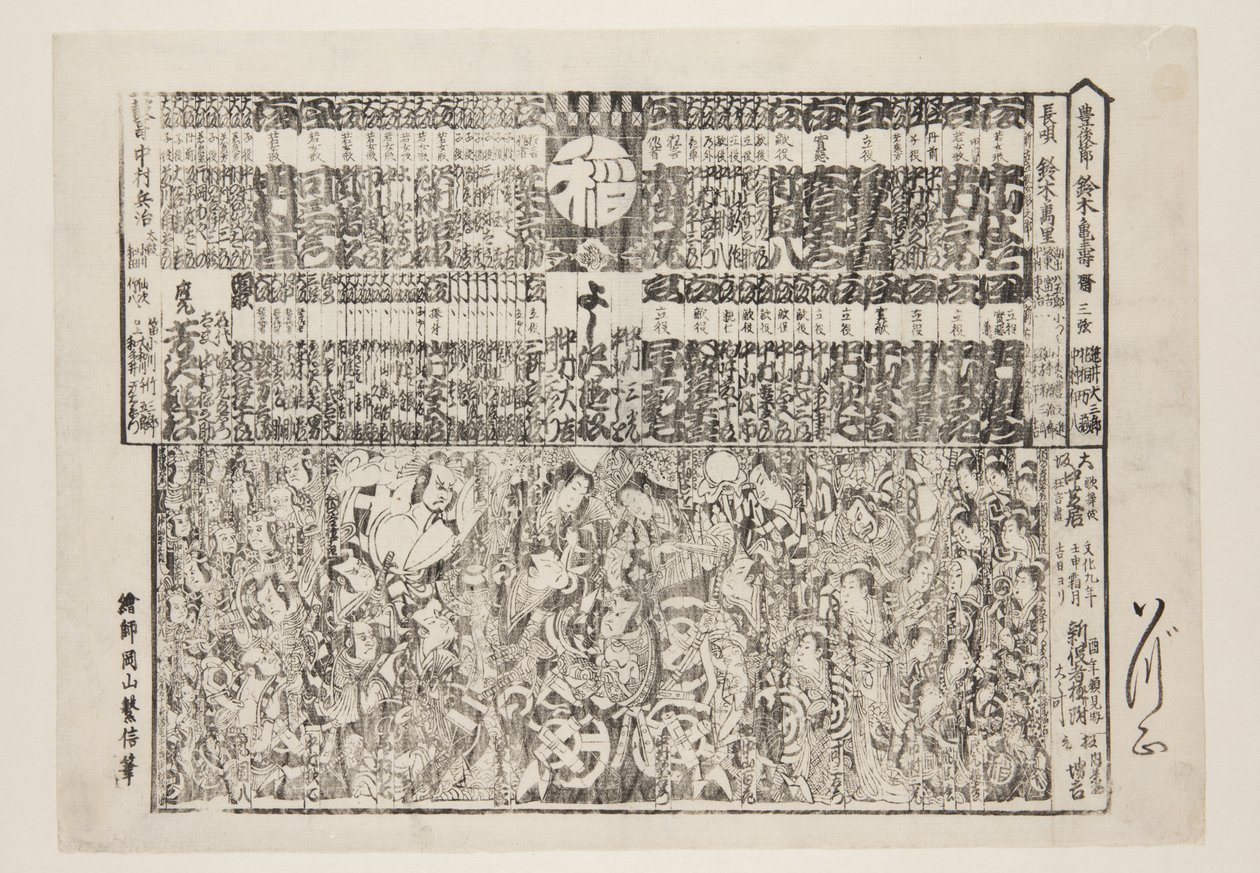 Affiche voor het openingsprogramma van het seizoen (Kaomise banzuke) door Okayama Shigenobu