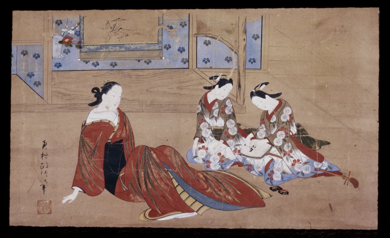 Nikuhitsu ukiyo-e: Courtisane en twee bedienden, ca. 1735 door Okumura Masanobu