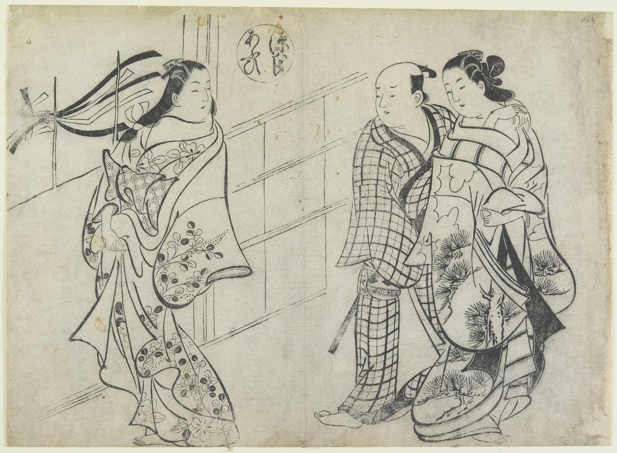 Twee vrouwen en een man als Mitate van het verhaal van Aoi uit het verhaal van Genji, begin 18e eeuw door Okumura Masanobu