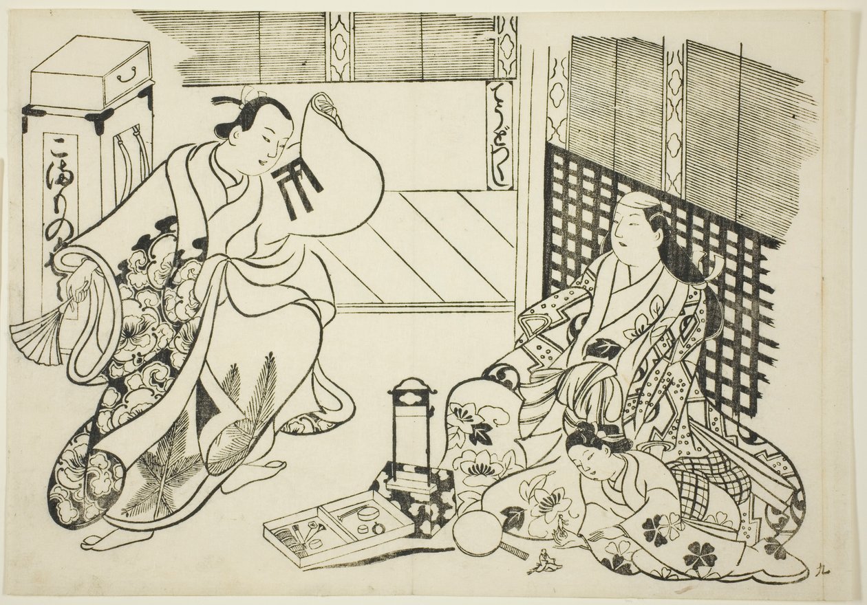 Allerlei huishoudelijke artikelen, uit de serie "Beroemde scènes uit Japanse poppenspel" door Okumura Masanobu