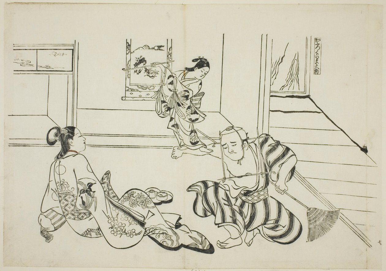 Kind Dienaar en Kale Tengu van Mt. Kurama (Kaburo Kurama Tengu), nr. 7 uit een serie van 12 prenten die parodieën van toneelstukken uitbeelden door Okumura Masanobu
