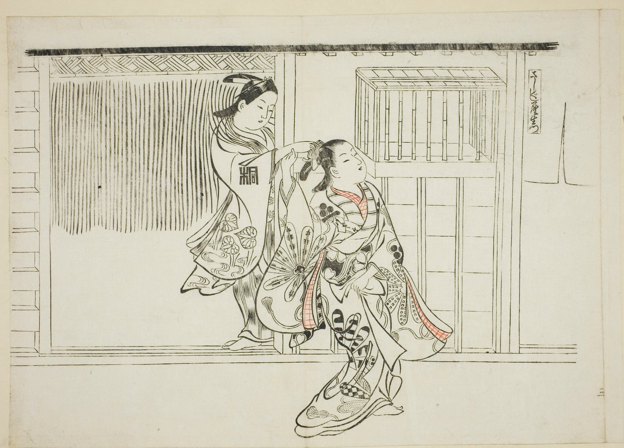 Kam Rashomon (Sashigushi Rashomon), nr. 3 uit een serie van 12 prenten met parodieën op toneelstukken door Okumura Masanobu
