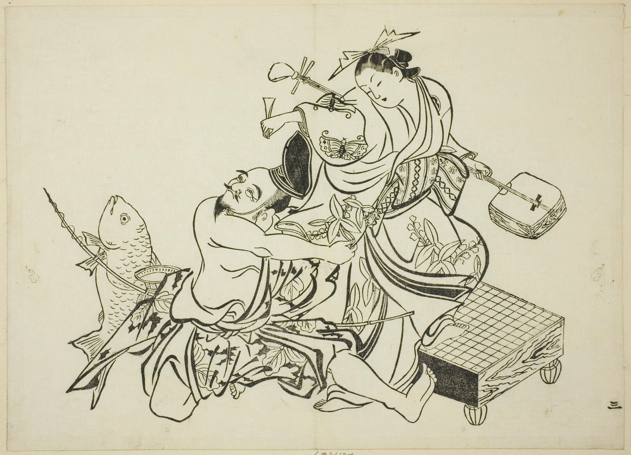 Ebisu flirt met een courtisane, nr. 3 uit een serie van 12 prenten door Okumura Masanobu