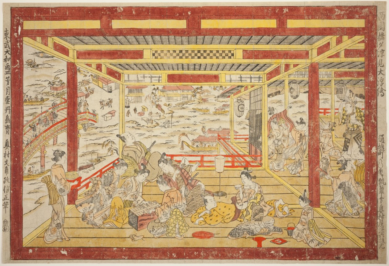 Genieten van de Avondkoelte bij de Ryogoku-brug (Ryogoku bashi yusuzumi uki-e) door Okumura Masanobu