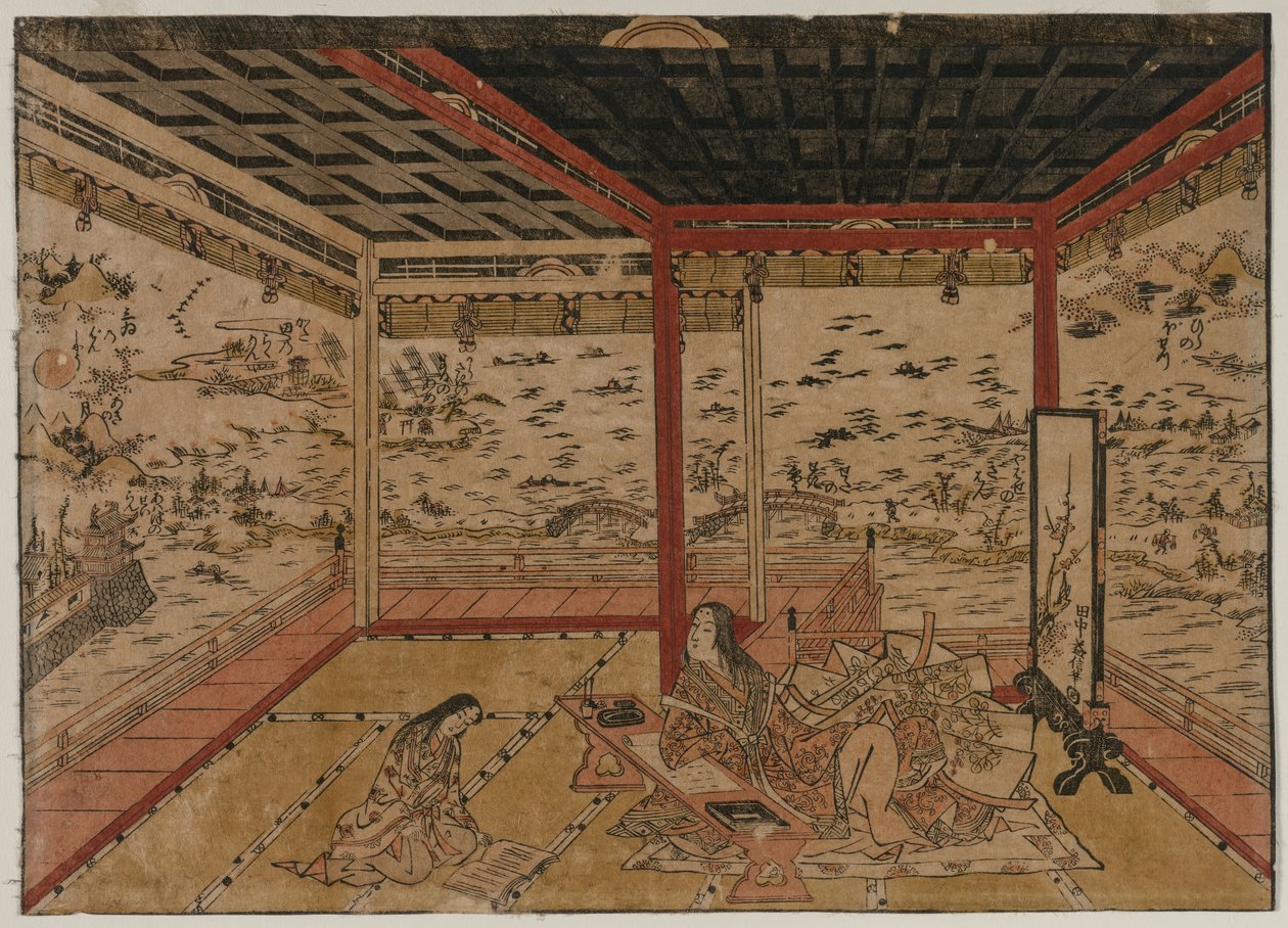 Lady Murasaki bij Ishiyama met uitzicht op een panorama met zeven uitzichten op het Biwa-meer, 1740s door Okumura Masanobu