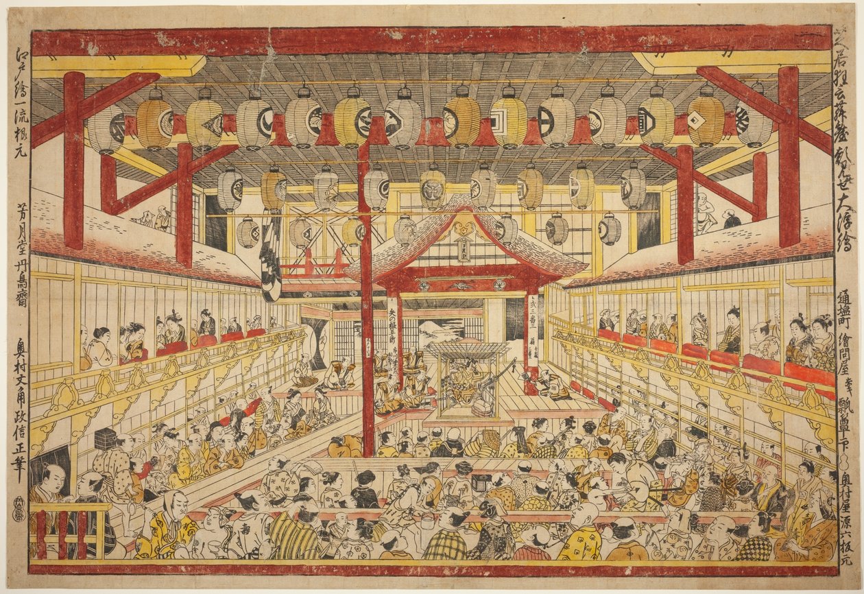 Groot Perspectiefbeeld van de Kaomise-uitvoering op het Kabuki-podium (Shibai kyogen butai kaomise o uki-e) door Okumura Masanobu