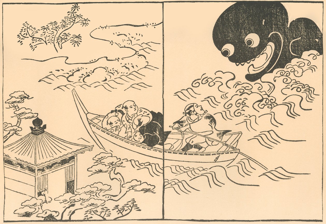 Mannen in een boot bedreigd door een zeemonster door Okumura Masanobu