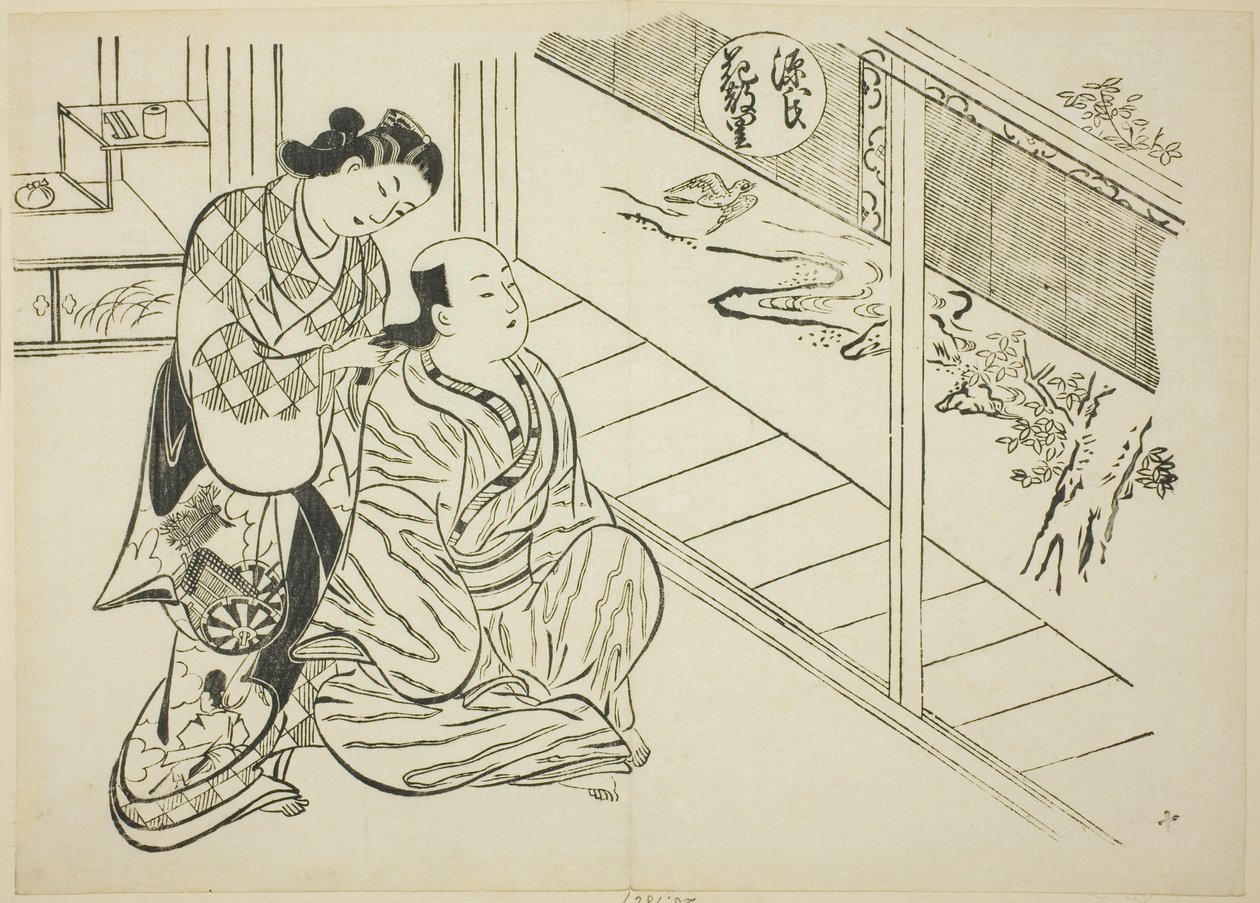 Het Hanachirusato-hoofdstuk uit "Het verhaal van Genji", uit een serie Genji-parodieën door Okumura Masanobu
