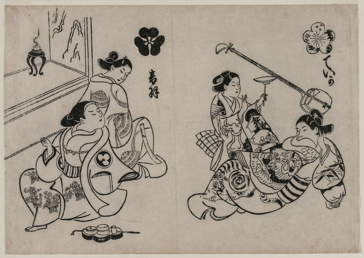 Drie courtisanes met een klant door Okumura Masanobu